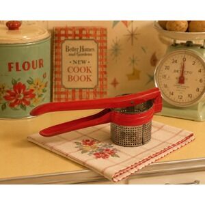 Vintage Red Metal Potato Ricer Fruit Press Kitchen Tool Farmhouse Cottage Decor